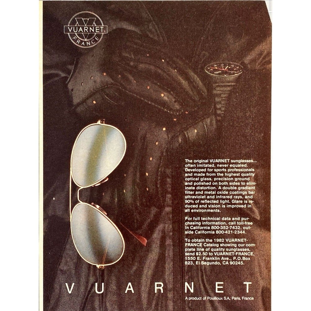 Vuarnet Sunglasses "Developed for Sports Professionals" Vintage Print Ad 1983